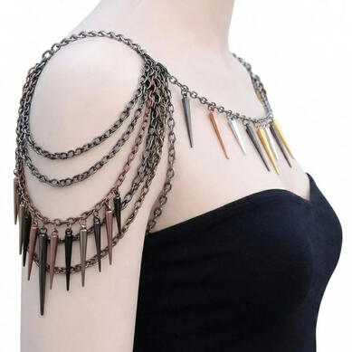 Double Sided Mixed Metals Spiked Shoulder Chain Necklace
