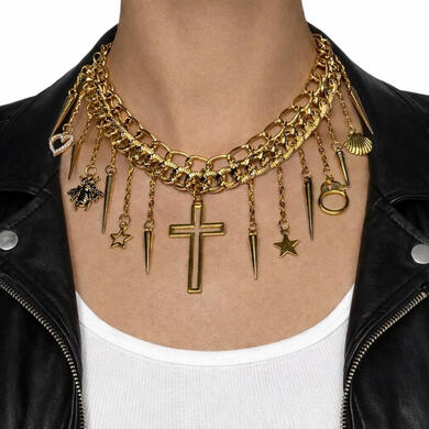 Black and Dark Silver Steel Bead Chain with Coffin and Cross Charms Swooping Chain Necklace