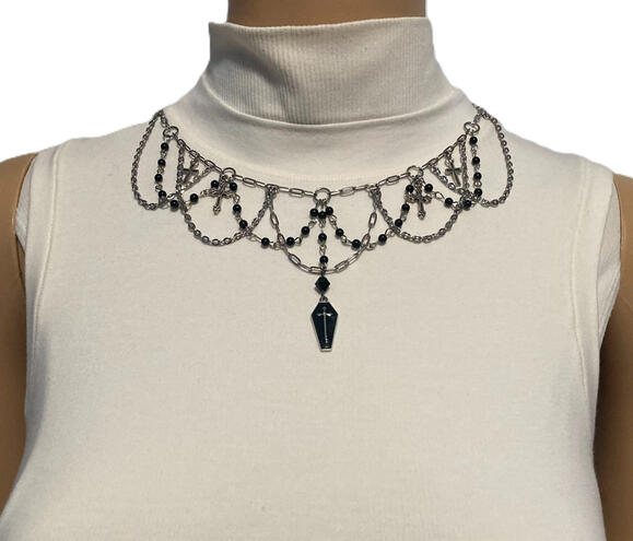 Black and Dark Silver Steel Bead Chain with Coffin and Cross Charms Swooping Chain Necklace